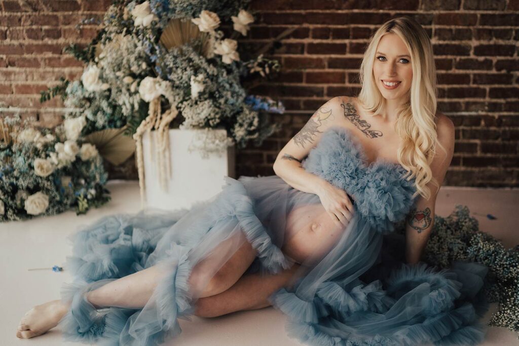 Boho french blue maternity gown with flowers